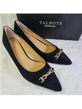 Talbots Sylvie Bit Suede 2” Kitten Heel Pump 9M Black & Gold